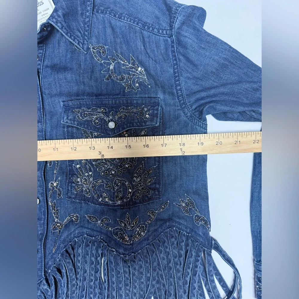 NWT Pilcro Denim Silver embellished Collar Button Down fringe bottom Shirt XXS - Picture 10 of 16